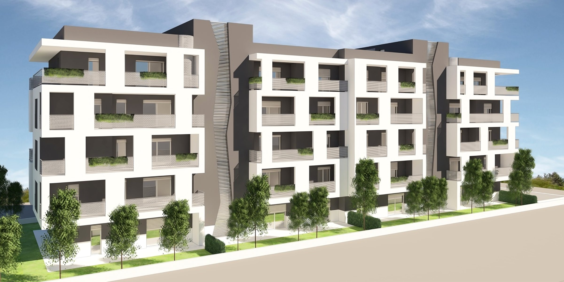 Rendering diurno del fronte lungo, con terrazzi coperti e giardini
