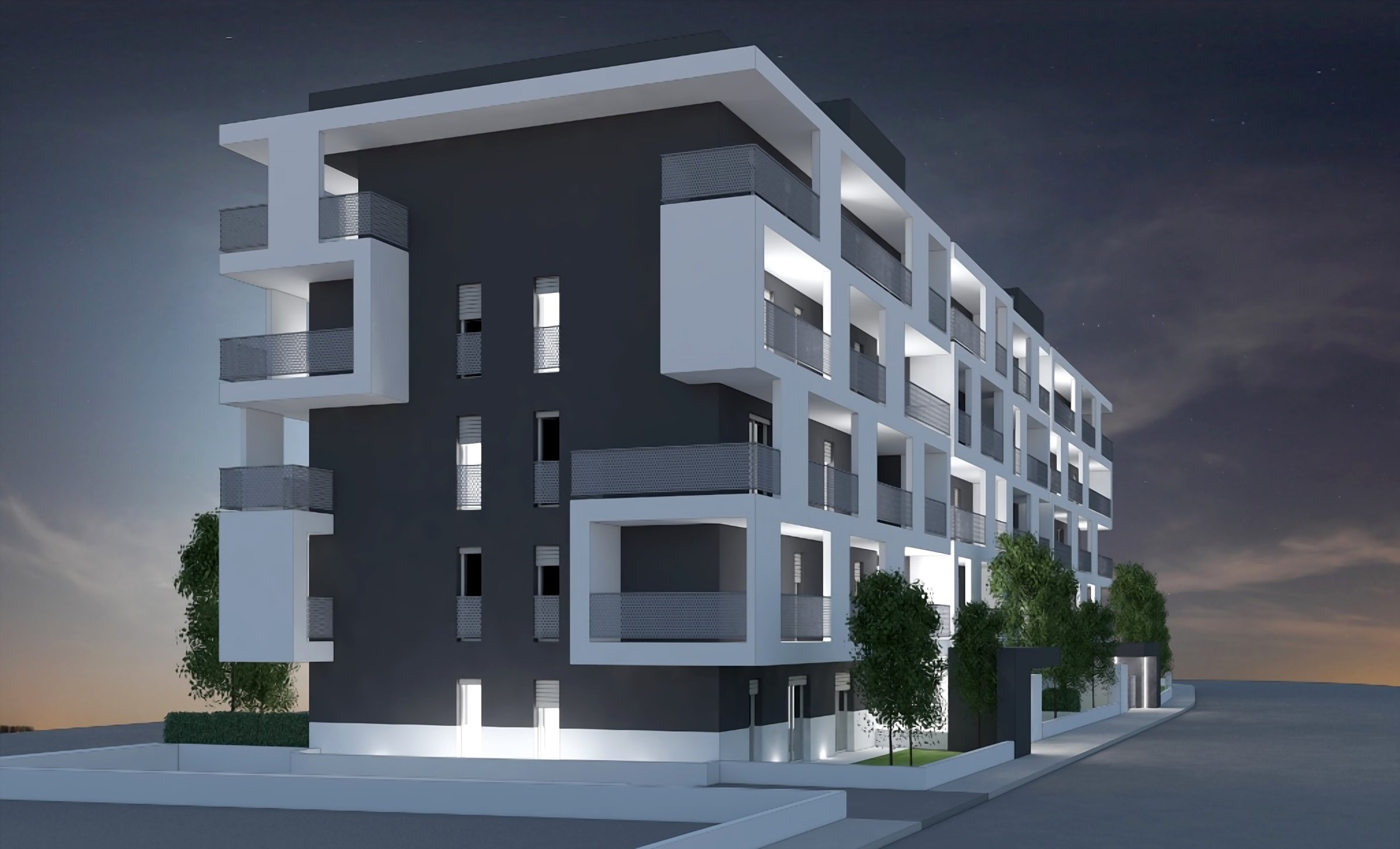 Rendering notturno dell'angolo con i terrazzi coperti illuminati