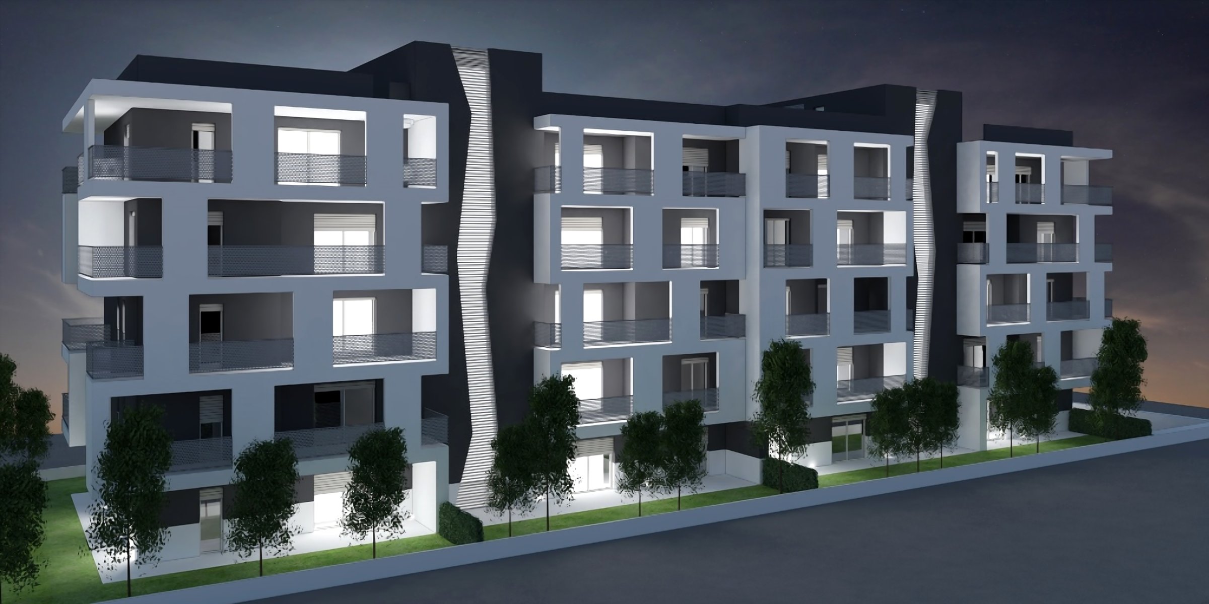 Rendering notturno del fronte con i due vani scala