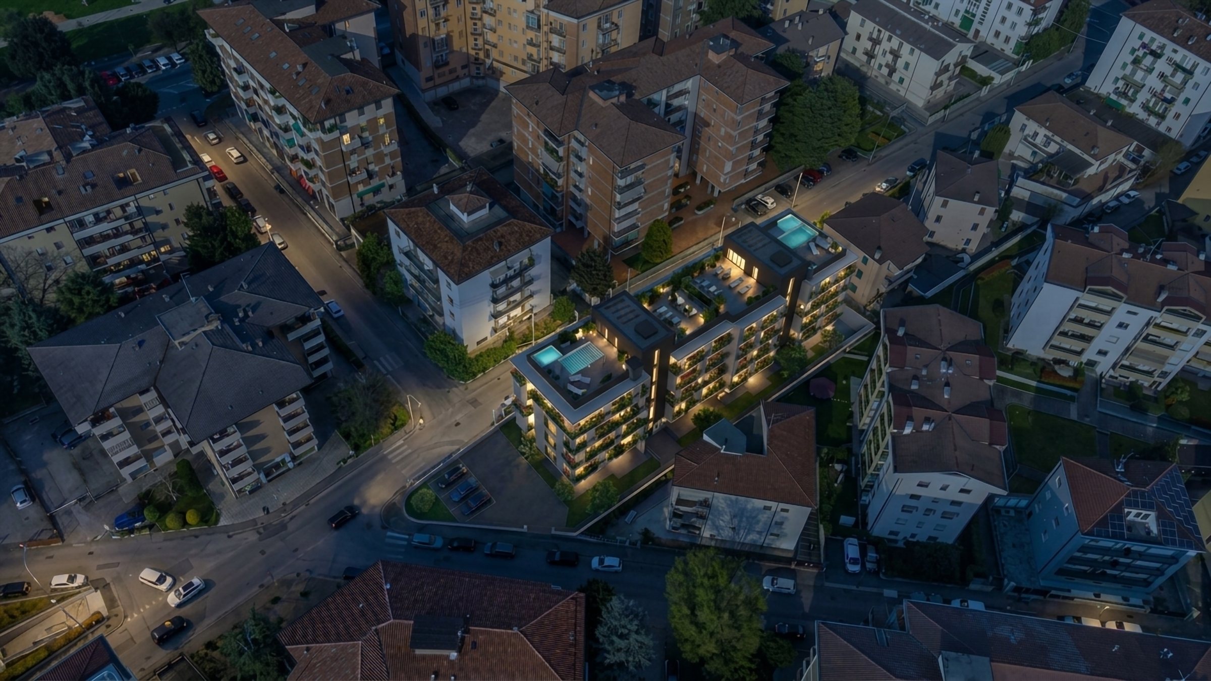 La stessa vista aerea di sera