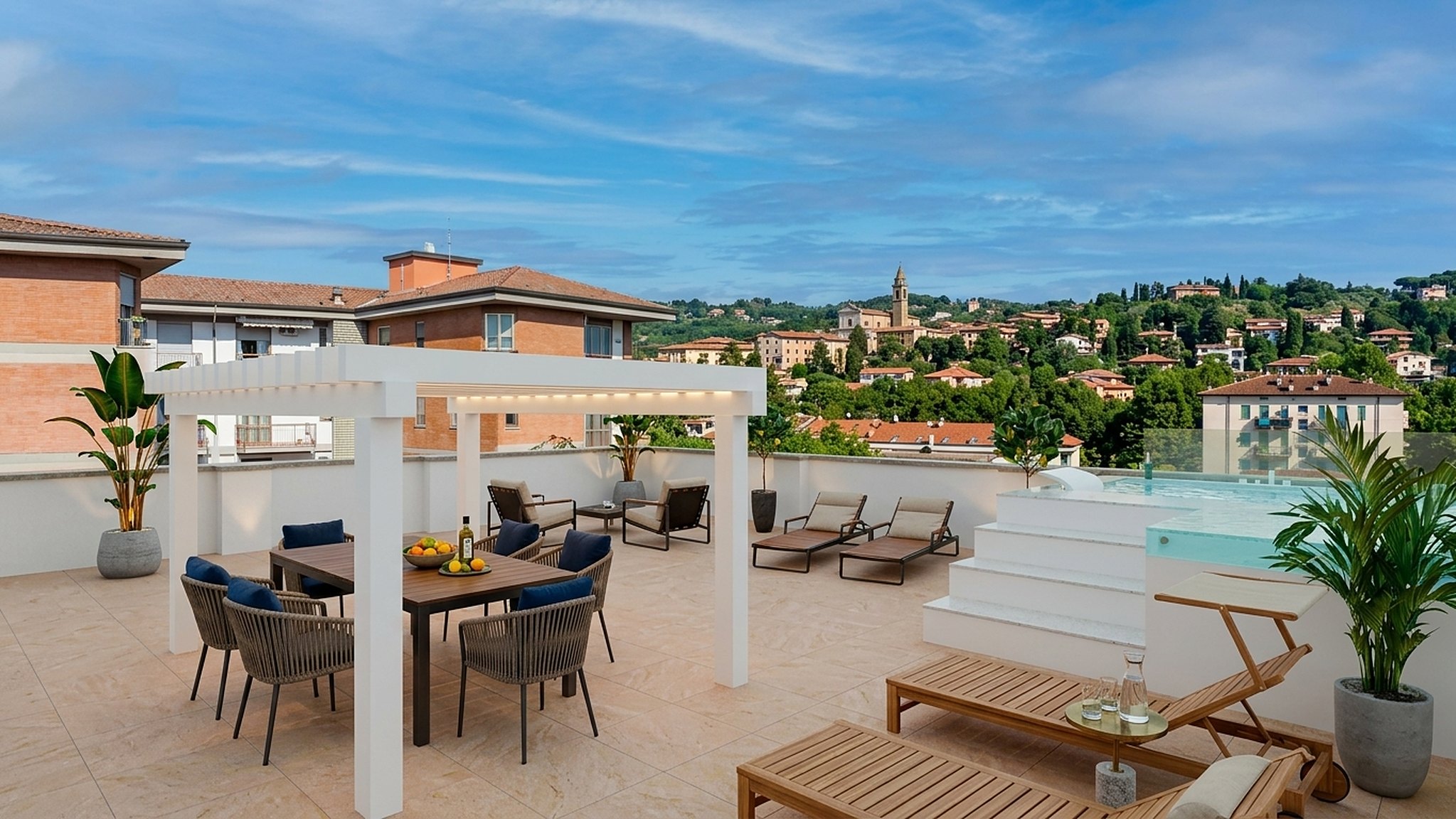 Rendering della terrazza privata in copertura di un attico, con pergola, solarium e vasca, con vista sulle colline